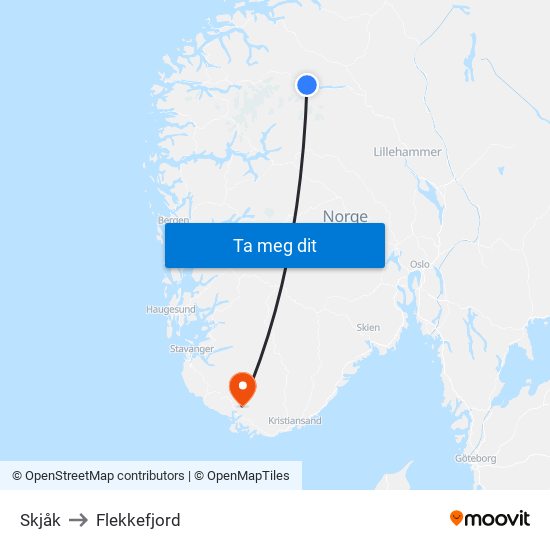 Skjåk to Flekkefjord map