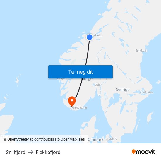 Snillfjord to Flekkefjord map