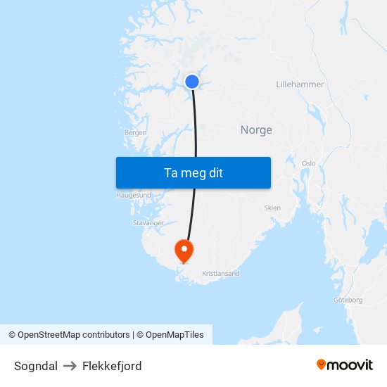 Sogndal to Flekkefjord map