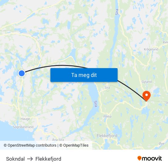 Sokndal to Flekkefjord map