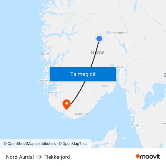 Nord-Aurdal to Flekkefjord map