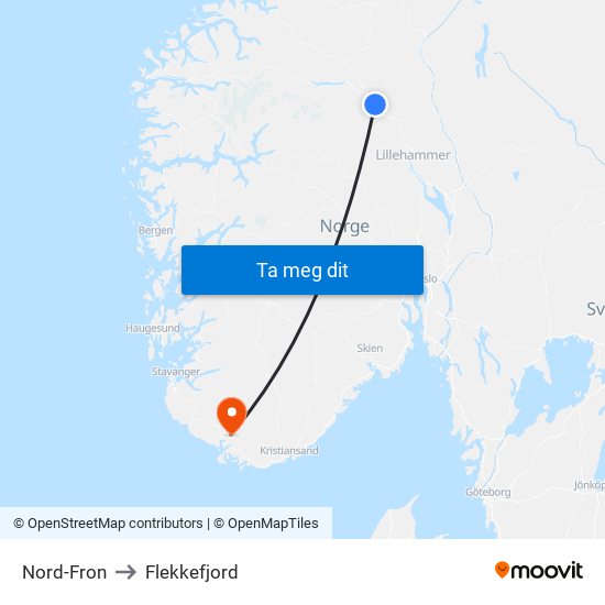 Nord-Fron to Flekkefjord map