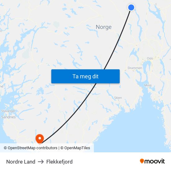 Nordre Land to Flekkefjord map