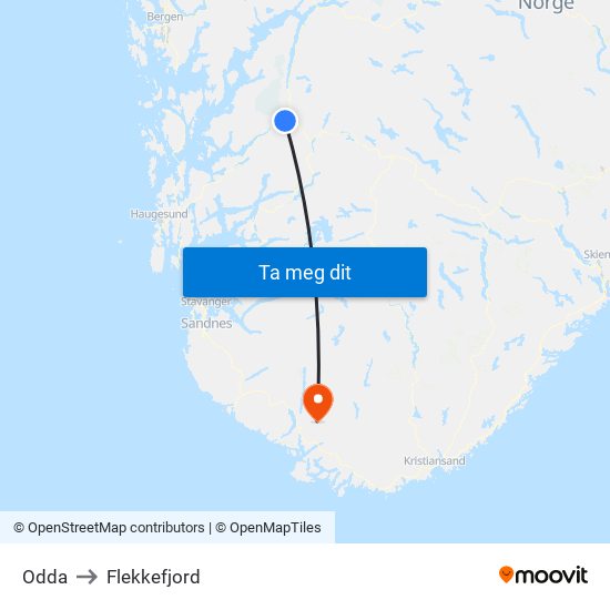 Odda to Flekkefjord map