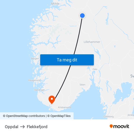 Oppdal to Flekkefjord map