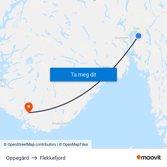 Oppegård to Flekkefjord map