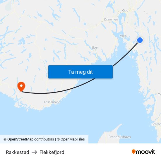 Rakkestad to Flekkefjord map