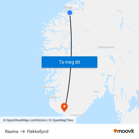 Rauma to Flekkefjord map