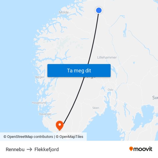 Rennebu to Flekkefjord map