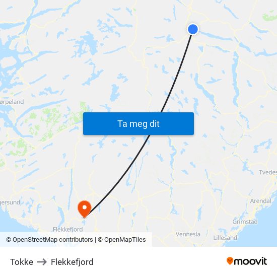 Tokke to Flekkefjord map