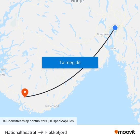 Nationaltheatret to Flekkefjord map