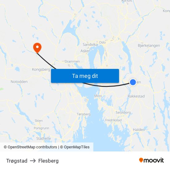 Trøgstad to Flesberg map