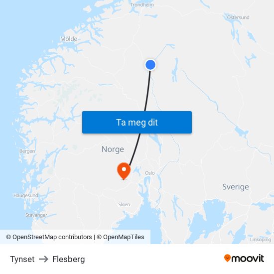 Tynset to Flesberg map