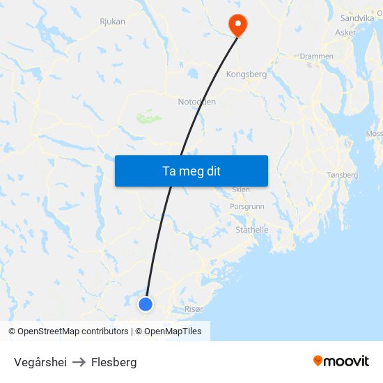 Vegårshei to Flesberg map