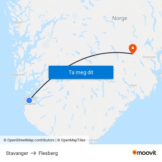 Stavanger to Flesberg map