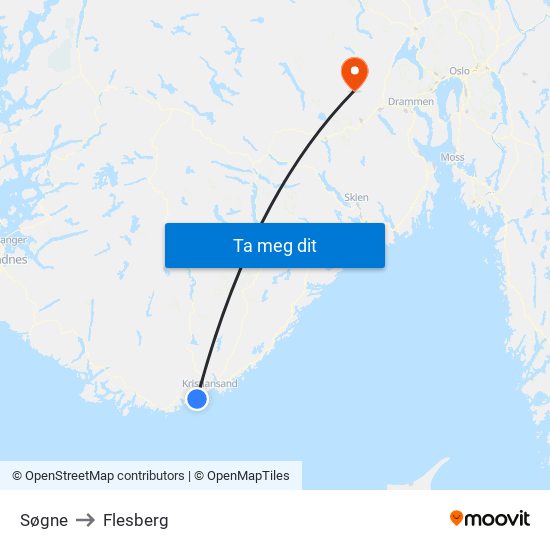 Søgne to Flesberg map