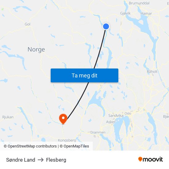 Søndre Land to Flesberg map