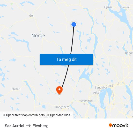 Sør-Aurdal to Flesberg map