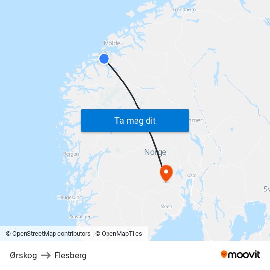 Ørskog to Flesberg map