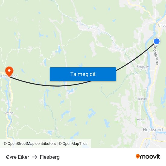 Øvre Eiker to Flesberg map