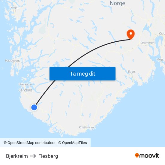 Bjerkreim to Flesberg map