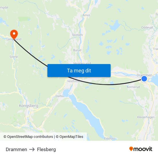 Drammen to Flesberg map