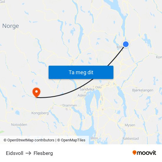 Eidsvoll to Flesberg map