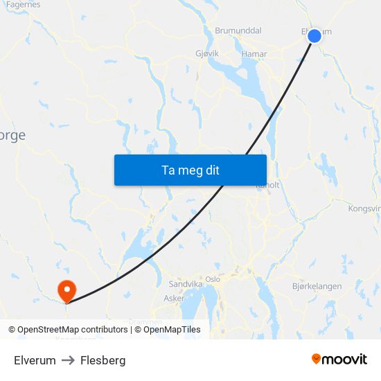 Elverum to Flesberg map