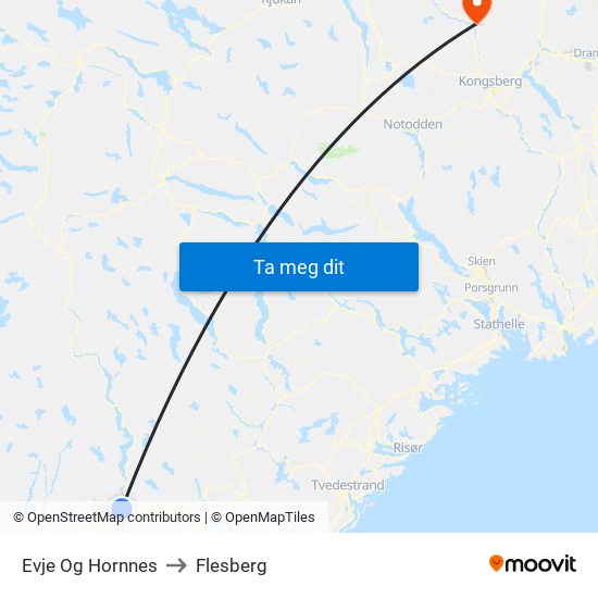 Evje Og Hornnes to Flesberg map