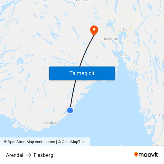 Arendal to Flesberg map