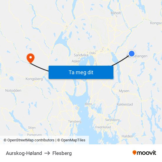 Aurskog-Høland to Flesberg map