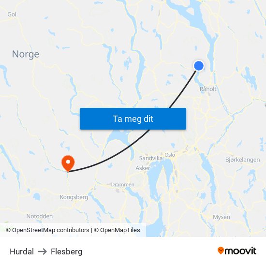Hurdal to Flesberg map