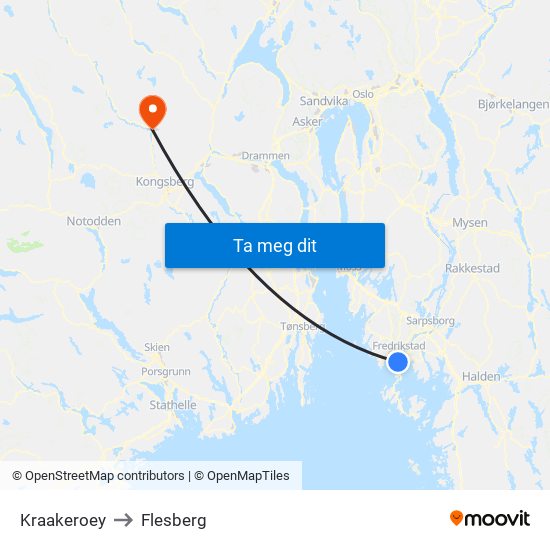Kraakeroey to Flesberg map