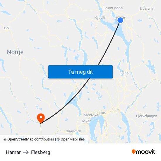 Hamar to Flesberg map