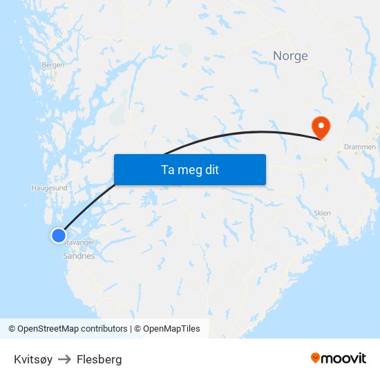 Kvitsøy to Flesberg map