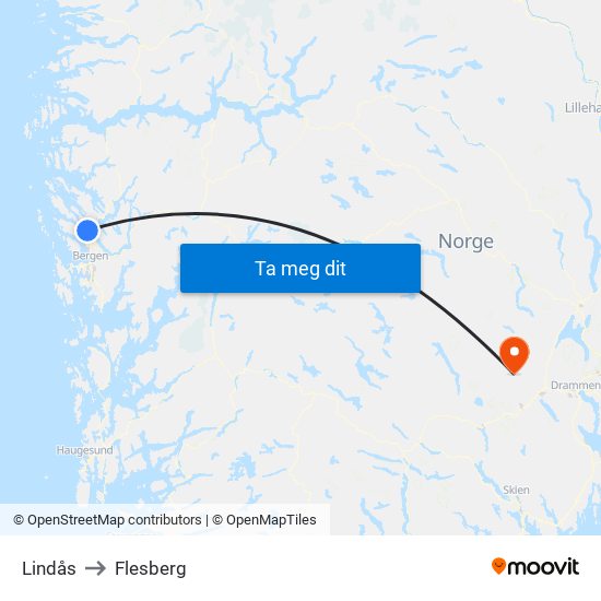 Lindås to Flesberg map