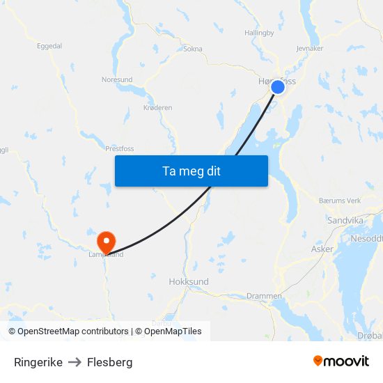 Ringerike to Flesberg map