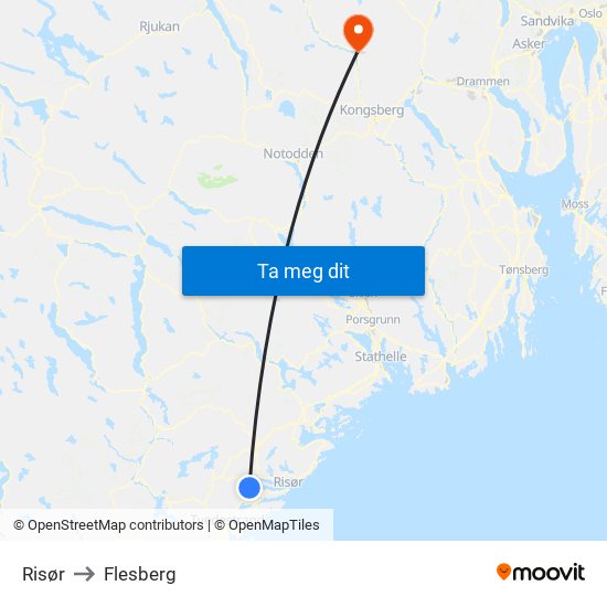 Risør to Flesberg map