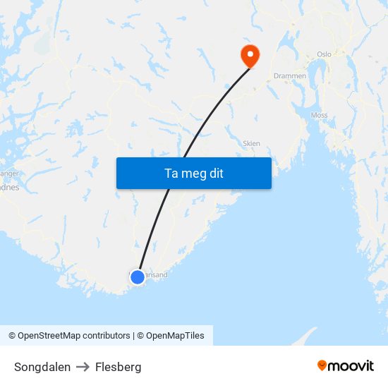 Songdalen to Flesberg map