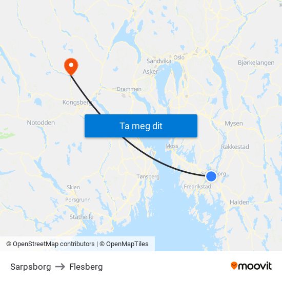 Sarpsborg to Flesberg map