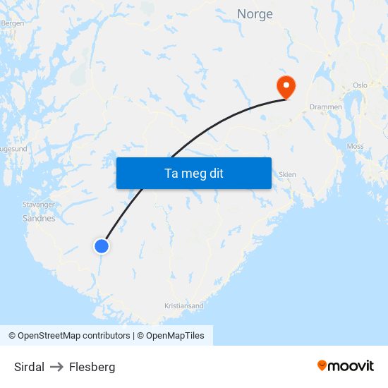 Sirdal to Flesberg map