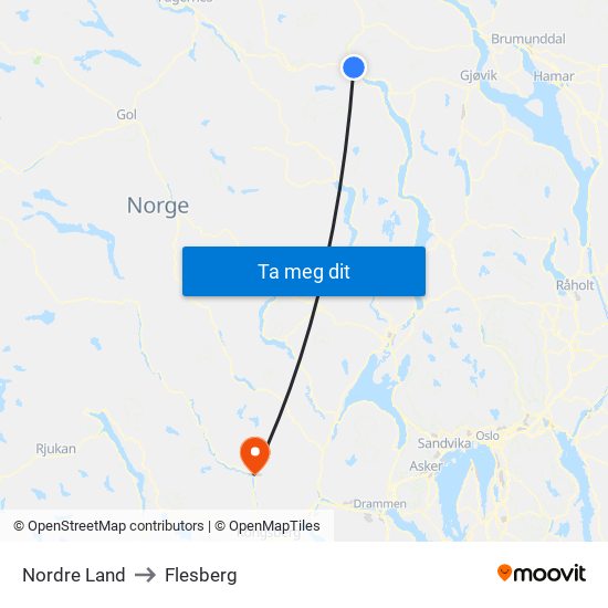 Nordre Land to Flesberg map