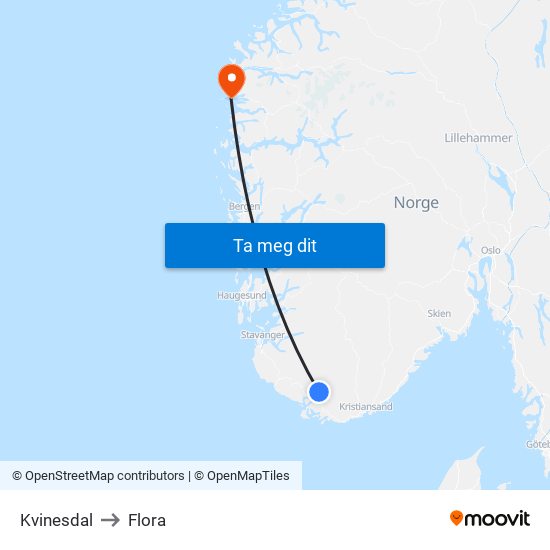 Kvinesdal to Flora map