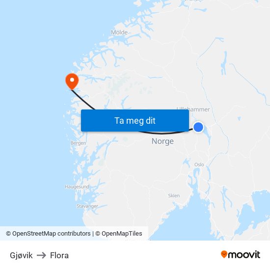 Gjøvik to Flora map