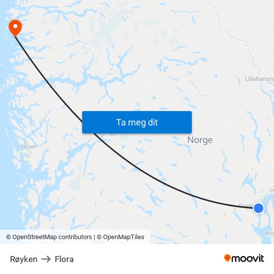 Røyken to Flora map