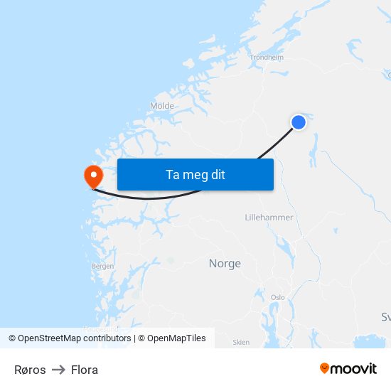 Røros to Flora map