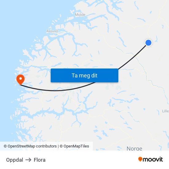 Oppdal to Flora map