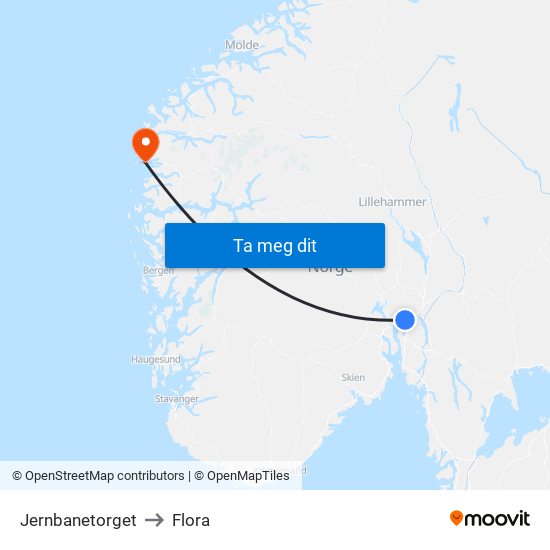 Jernbanetorget to Flora map