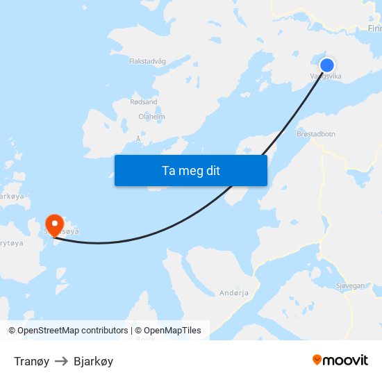 Tranøy to Bjarkøy map