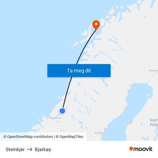 Steinkjer to Bjarkøy map